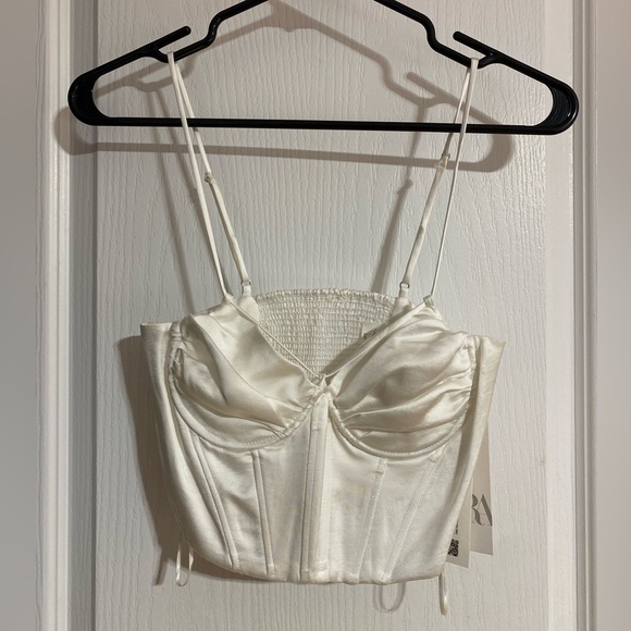 NWT Zara Corset Cropped Faux Satin White Fancy Summer Party Tank Top Size Small - Picture 5 of 14